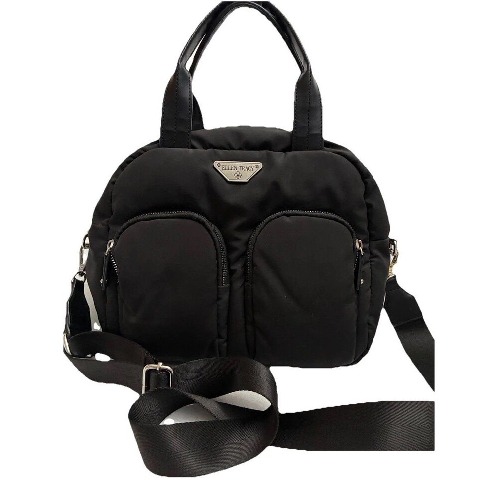 Ellen Tracy Black Puffer Nylon Cargo Pockets Adjustable Crossbody Handbag
